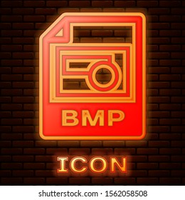 Glowing neon BMP file document. Download bmp button icon isolated on brick wall background. BMP file symbol.  Vector Illustration