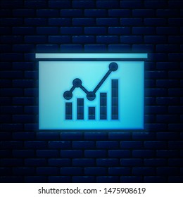 Glowing neon Board with graph chart icon isolated on brick wall background. Report text file icon. Accounting sign. Audit, analysis, planning.  Vector Illustration
