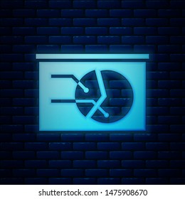 Glowing neon Board with graph chart icon isolated on brick wall background. Report text file icon. Accounting sign. Audit, analysis, planning.  Vector Illustration