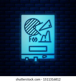 Glowing neon Board with graph chart icon isolated on brick wall background. Report text file icon. Accounting sign. Audit, analysis, planning.  Vector Illustration
