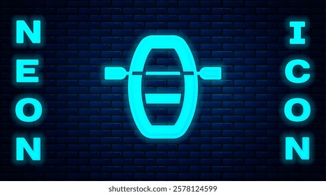 Glowing neon Boat with oars icon isolated on brick wall background. Water sports, extreme sports, holiday, vacation, team building.  Vector