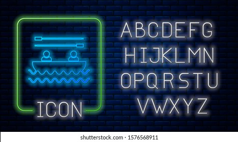 Glowing neon Boat with oars and people icon isolated on brick wall background. Water sports, extreme sports, holiday, vacation, team building. Neon light alphabet. Vector Illustration
