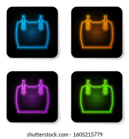 Glowing neon Body armor icon isolated on white background. Black square button. Vector Illustration