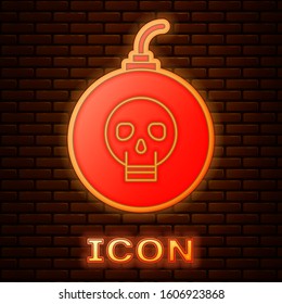 Glowing neon Bomb ready to explode icon isolated on brick wall background. Happy Halloween party.  Vector Illustration