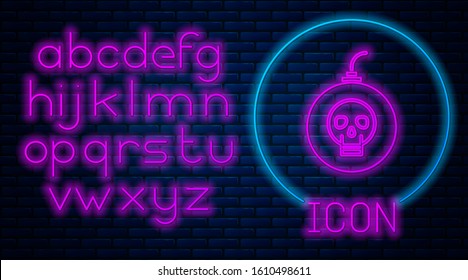 Glowing neon Bomb ready to explode icon isolated on brick wall background. Happy Halloween party. Neon light alphabet. Vector Illustration
