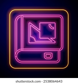 Libro de neón brillante sobre el icono de geometría aislado sobre fondo negro.  Vector