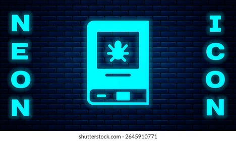 Glowing neon Book about insect icon isolated on brick wall background.  Vector