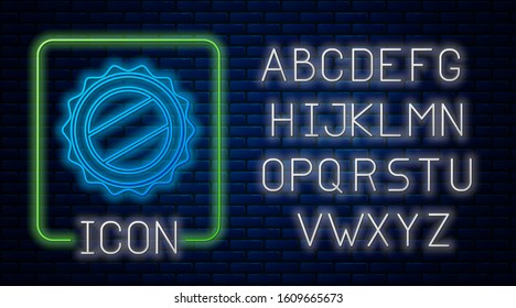 Glowing neon Bottle cap icon isolated on brick wall background. Neon light alphabet. Vector Illustration