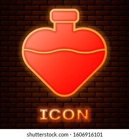Glowing neon Bottle with love potion icon isolated on brick wall background. Valentines day symbol.  Vector Illustration