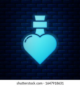 Glowing neon Bottle with love potion icon isolated on brick wall background. Valentines day symbol.  Vector Illustration