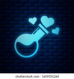 Glowing neon Bottle with love potion icon isolated on brick wall background. Valentines day symbol.  Vector Illustration