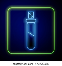 Glowing neon Bottle with love potion icon isolated on blue background. Valentines day symbol.  Vector Illustration