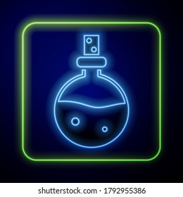 Glowing neon Bottle with love potion icon isolated on blue background. Valentines day symbol.  Vector Illustration
