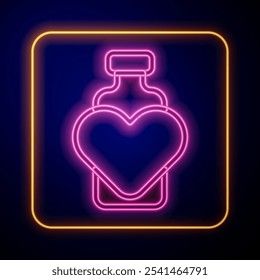 Glühende Neonflasche mit Liebestrank-Symbol einzeln auf schwarzem Hintergrund. Valentinstag-Symbol.  Vektorgrafik