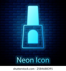 Glowing neon Bottle of nail polish icon isolated on brick wall background.  Vector