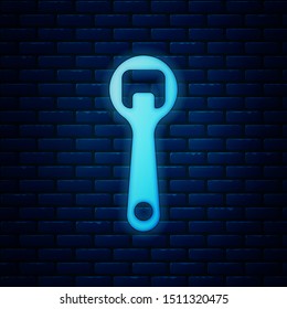 Glowing neon Bottle opener icon isolated on brick wall background.  Vector Illustration