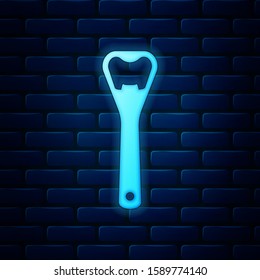 Glowing neon Bottle opener icon isolated on brick wall background.  Vector Illustration