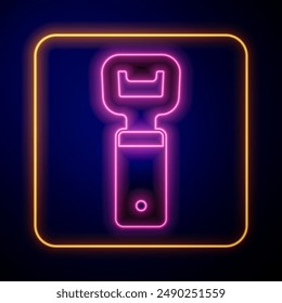 Glowing neon Bottle opener icon isolated on black background.  Vector