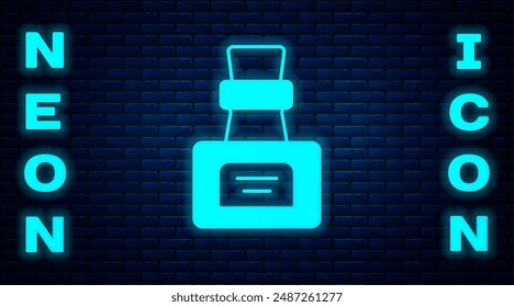 Glowing neon Bottle with potion icon isolated on brick wall background. Flask with magic potion. Happy Halloween party.  Vector