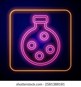 Glowing neon Bottle with potion icon isolated on black background. Flask with magic potion. Happy Halloween party.  Vector