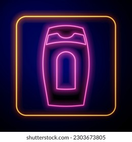 Glowing neon Bottle of shampoo icon isolated on black background.  Vector
