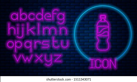 Glowing neon Bottle of water icon isolated on brick wall background. Soda aqua drink sign. Neon light alphabet. Vector Illustration