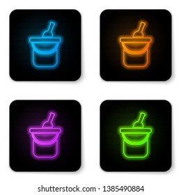 Glowing neon Bottle of wine in an ice bucket icon isolated on white background. Black square button. Vector Illustration