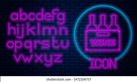 Glowing neon Bottles of wine in a wooden box icon isolated on brick wall background. Wine bottles in a wooden crate icon. Neon light alphabet. Vector Illustration