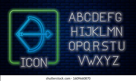 Glowing neon Bow and arrow icon isolated on brick wall background. Cupid symbol. Love sign. Valentines day concept. Neon light alphabet. Vector Illustration