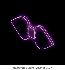 Glowing neon bow tie made of two hearts is shining on a black background