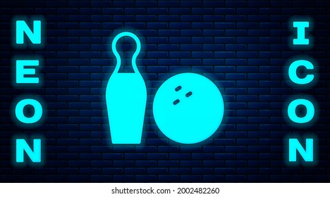 Glowing neon Bowling pin and ball icon isolated on brick wall background. Sport equipment.  Vector