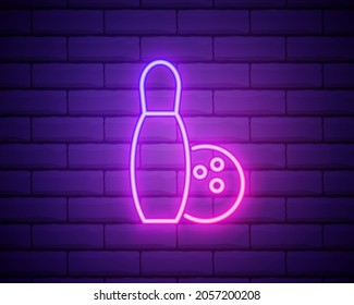 Glowing neon Bowling pin and ball icon isolated on brick wall background. Sport equipment. Vector.