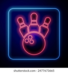 Glühende Neon Bowling Pin und Kugel-Ikone auf schwarzem Hintergrund isoliert. Sportgeräte.  Vektorgrafik