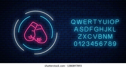 Glowing neon boxing club sign in circle frame with alphabet on dark brick wall background. Fighting club neon signboard. Vector illustration.