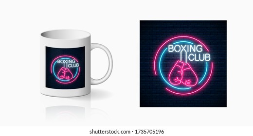 Glowing neon boxing club sign in circle frames for cup design. Fighting club neon signboard design, banner in neon style on mug mockup. Vector shiny design element.