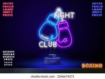 Glowing neon boxing club sign in circle frames on dark brick wall background. Fighting club neon signboard. Nightlife advertising symbol of sport facility on boxing theme . Vector illustration.