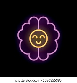 Glowing neon brain with a smiling face representing positive thinking