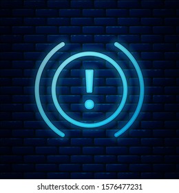 Glowing neon Brake system warning icon isolated on brick wall background. Exclamation mark in the car. Dashboard attention sign.  Vector Illustration