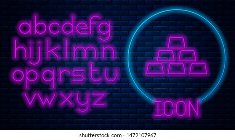 Glowing neon Briefcase icon isolated on brick wall background. Business case sign. Business portfolio. Neon light alphabet. Vector Illustration