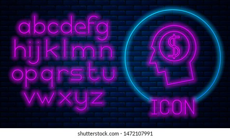 Glowing neon Briefcase icon isolated on brick wall background. Business case sign. Business portfolio. Neon light alphabet. Vector Illustration