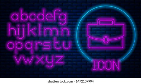 Glowing neon Briefcase icon isolated on brick wall background. Business case sign. Business portfolio. Neon light alphabet. Vector Illustration