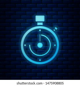 Glowing neon Briefcase icon isolated on brick wall background. Business case sign. Business portfolio.  Vector Illustration