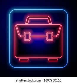 Glowing neon Briefcase icon isolated on blue background. Business case sign. Business portfolio.  Vector Illustration