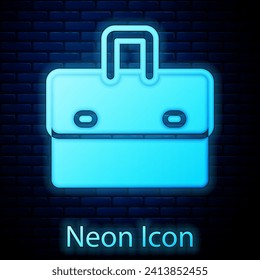 Glowing neon Briefcase icon isolated on brick wall background. Business case sign. Business portfolio.  Vector