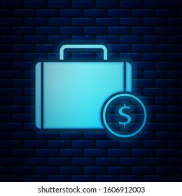 Glowing neon Briefcase and money icon isolated on brick wall background. Business case sign. Business portfolio.  Vector Illustration