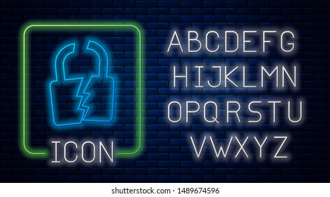 Glowing neon Broken or cracked lock icon isolated on brick wall background. Unlock sign. Neon light alphabet. Vector Illustration