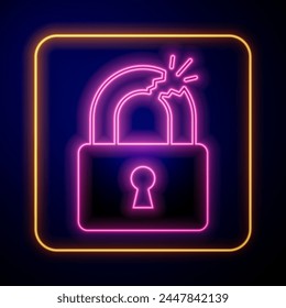 Glowing neon Broken or cracked lock icon isolated on black background. Unlock sign.  Vector