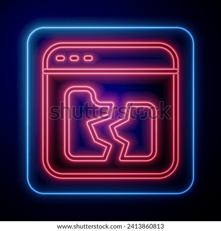 Glowing neon Broken file icon isolated on blue background.  Vector