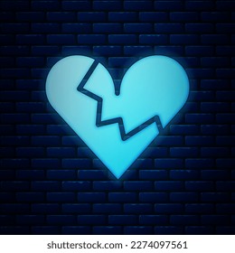 Glowing neon Broken heart or divorce icon isolated on brick wall background. Love symbol. Valentines day.  Vector