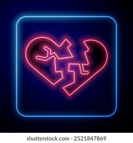 Glowing neon Broken heart or divorce icon isolated on blue background. Love symbol. Valentines day.  Vector